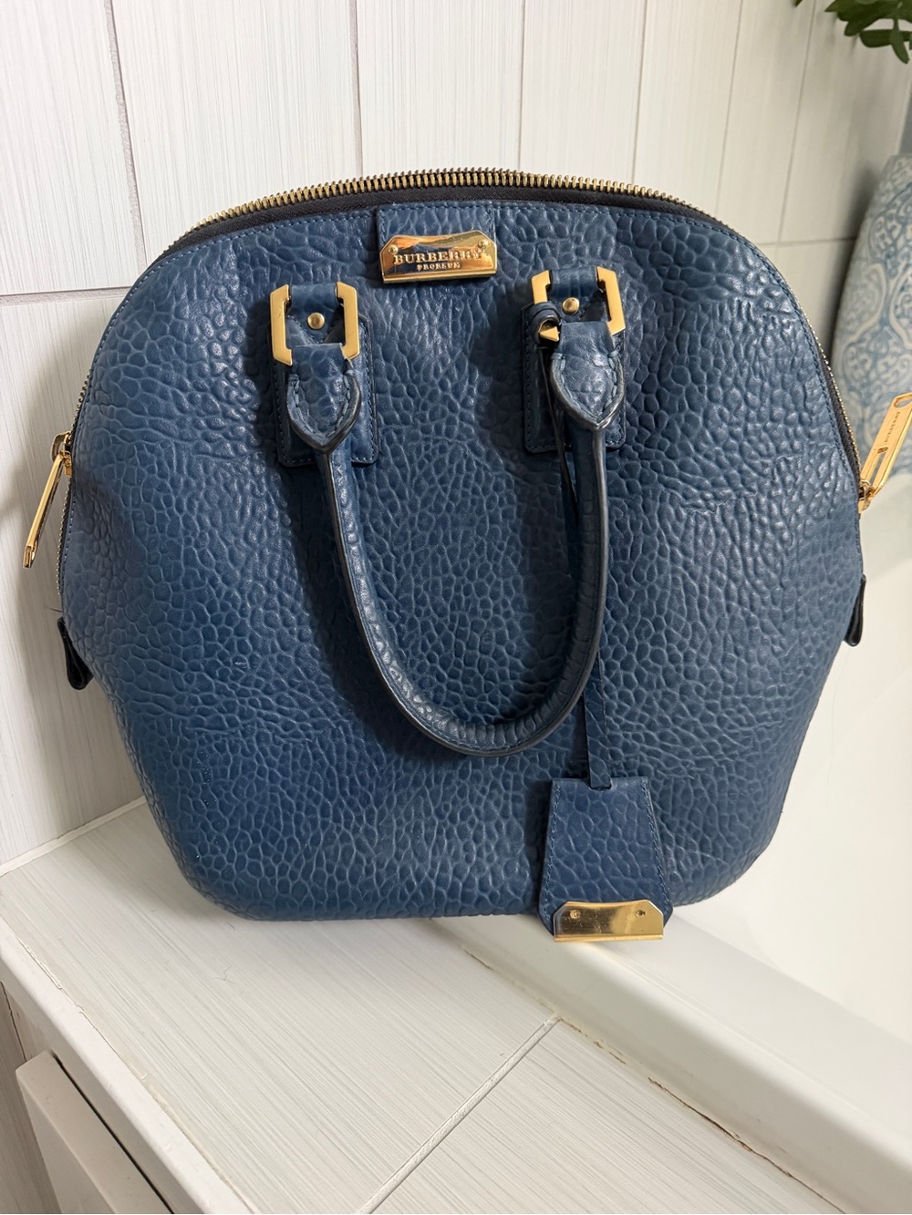 Burberry Blue Pebbled Leather Dome Satchel with Gold Hardware